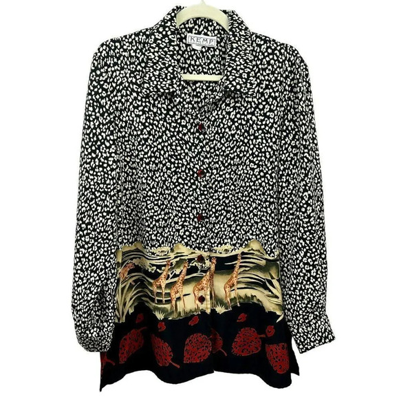 VIntage Blouse Women 14 Animal Print Safari Leopard Cheetah Giraffe Black Red‎ - Picture 1 of 7